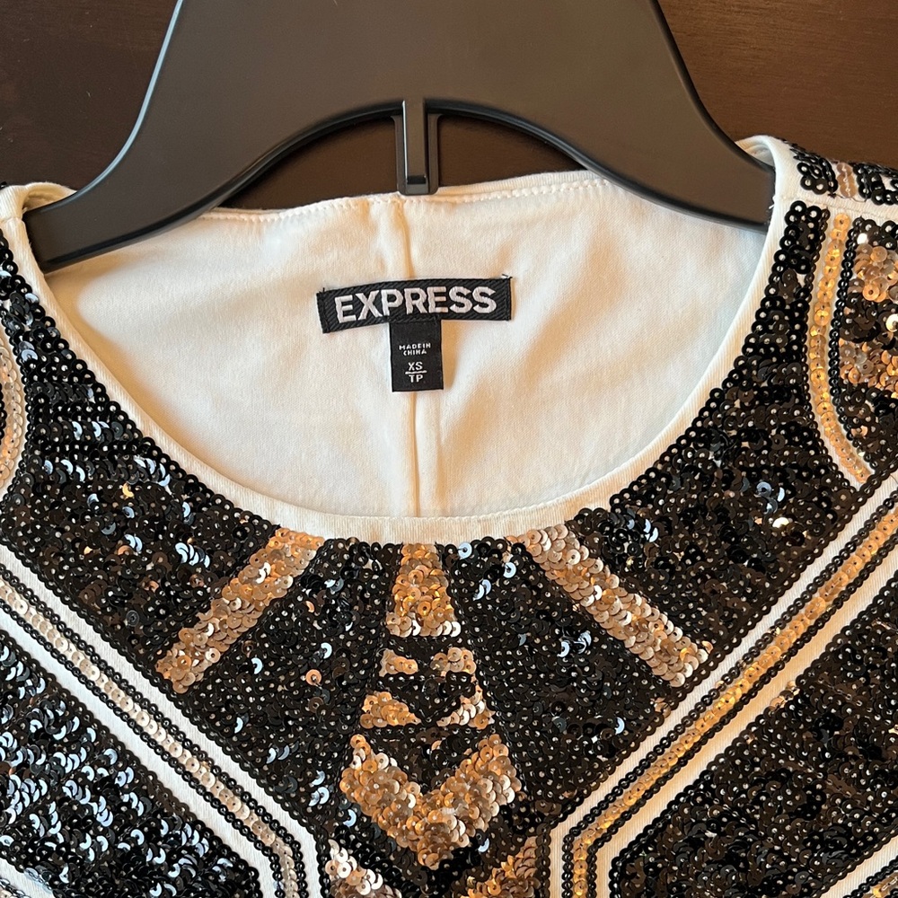Worn 1x Express Cap-sleeve Black, Gold Geometric sequined fitted Mini Dress - Picture 9 of 9